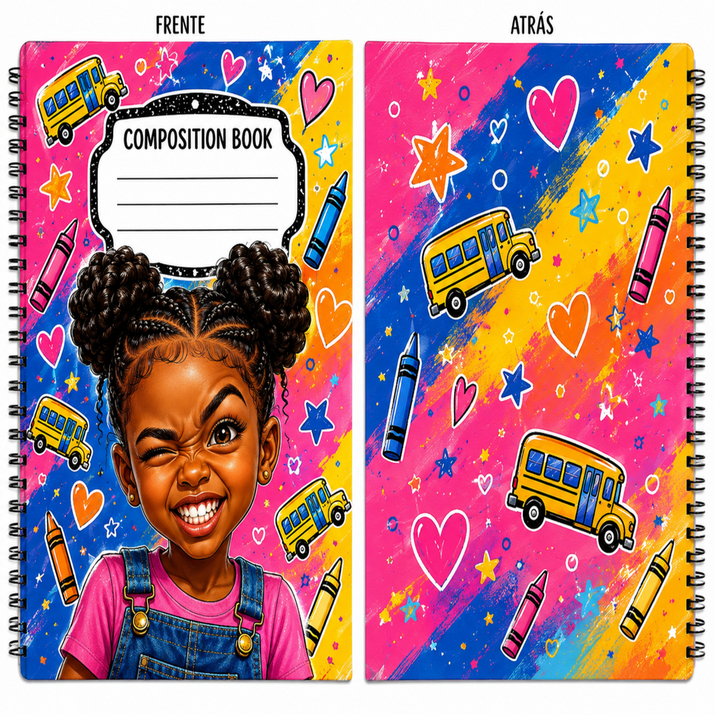 A two-sided composition book shown front and back. The cover features a colorful cartoon illustration of a smiling girl with braided hair, school bus, crayons, stars, and hearts on a bright blue, pink, and yellow background.