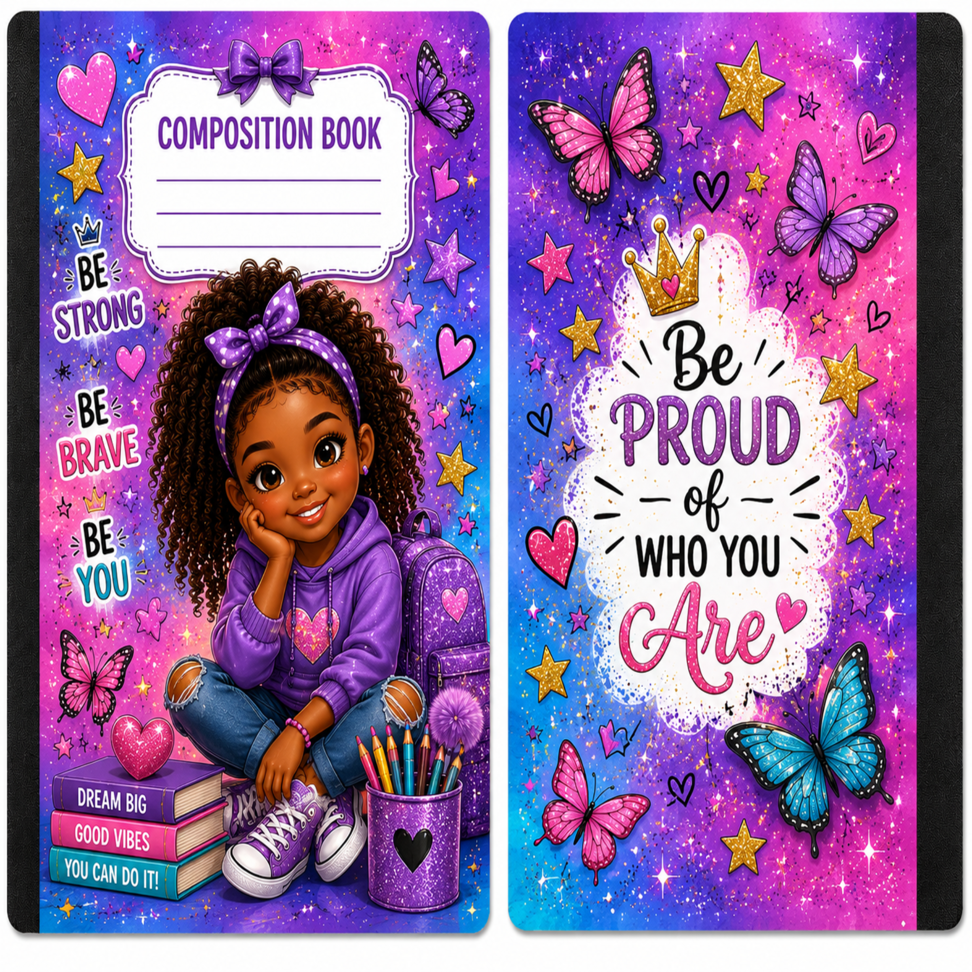 Two matching composition book covers shown side by side, decorated with colorful butterflies, stars, hearts, and motivational text. The left cover features a cartoon girl in a purple hoodie sitting with pencils and books, and the right cover has the phrase 'Be Proud of Who You Are' in stylized lettering.