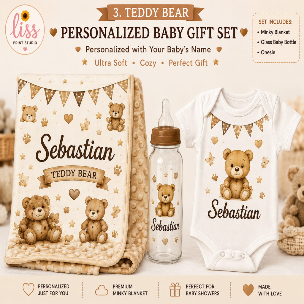 Personalized teddy bear baby gift set including a minky blanket, glass baby bottle, and white onesie, all customized with the name 'Sebastian' and a teddy bear illustration, shown on a warm beige background with product details and features.