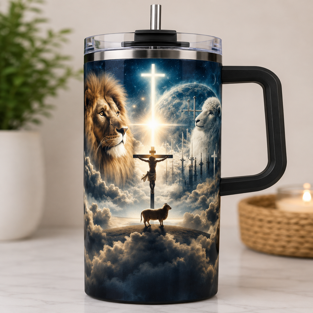 A tall handled insulated tumbler with a clear lid and metal straw, printed with a dramatic religious scene featuring a lion, a crucifix, a lamb, clouds, and a glowing cross. The tumbler is shown on a tabletop with a blurred plant and candle in the background.