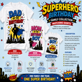 A promotional collage for a matching father-and-child birthday shirt set. The layout shows two white T-shirts with colorful comic-style graphics and text: one shirt reads 'Dad of the Birthday' and the other reads 'Mom of the Birthday Boy.