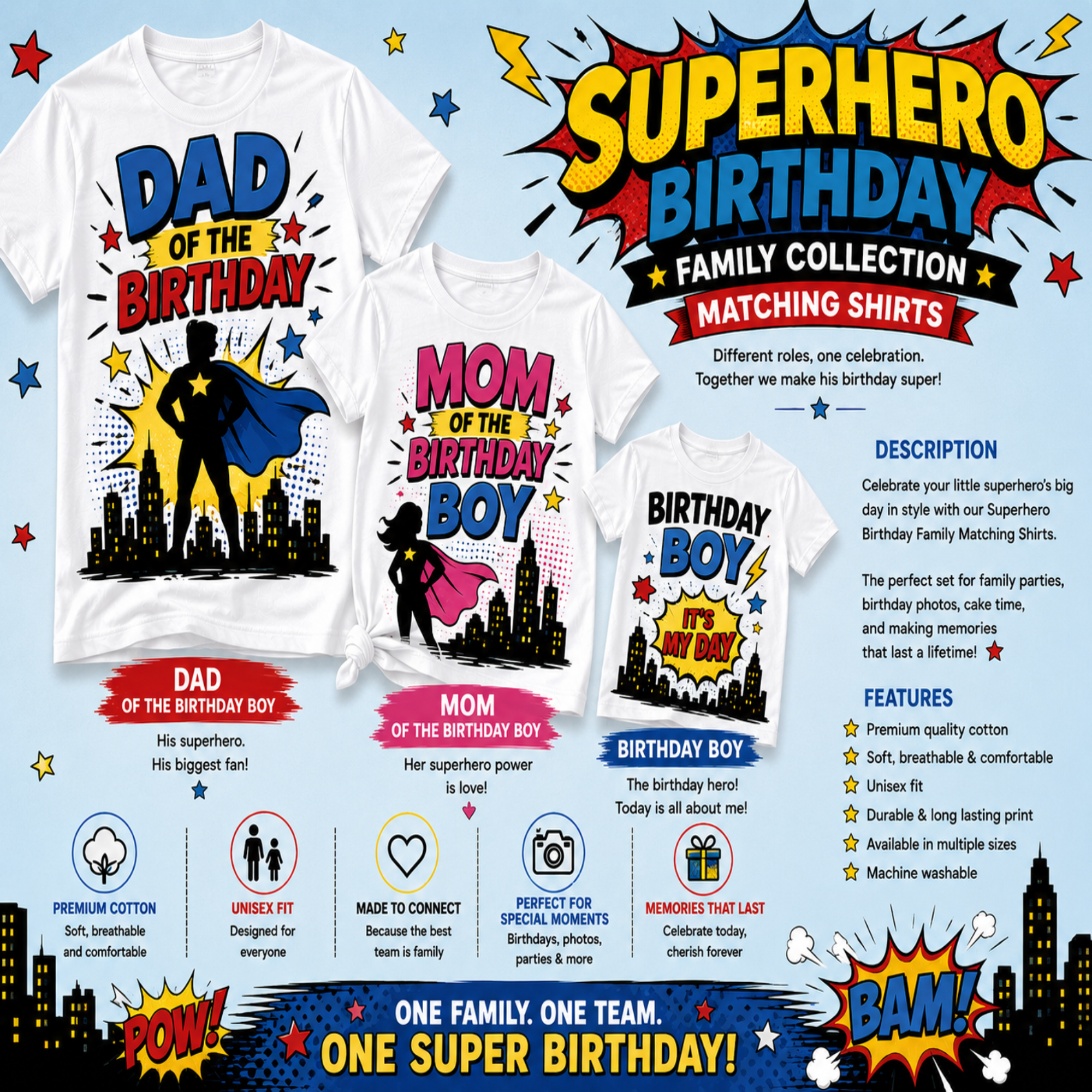 A promotional collage for a matching father-and-child birthday shirt set. The layout shows two white T-shirts with colorful comic-style graphics and text: one shirt reads 'Dad of the Birthday' and the other reads 'Mom of the Birthday Boy.