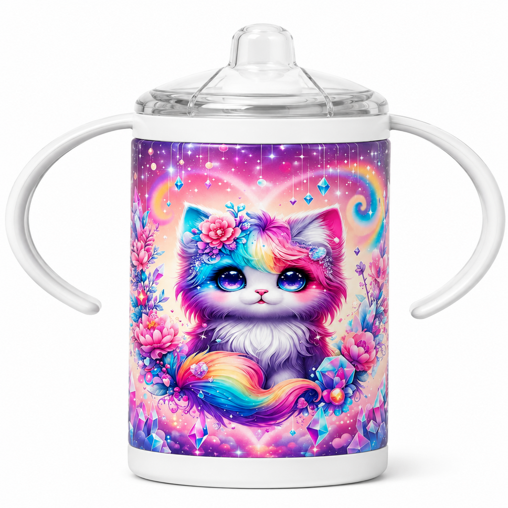 A white handled baby tumbler with a clear lid, featuring a colorful printed illustration of a fluffy pastel kitten surrounded by flowers and a rainbow on a starry purple background.