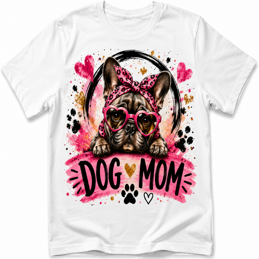 White short-sleeve crewneck t-shirt featuring a colorful graphic of a French Bulldog wearing pink heart-shaped sunglasses and a pink leopard-print headband, with the text 'DOG MOM' in black and gold on a pink watercolor background.