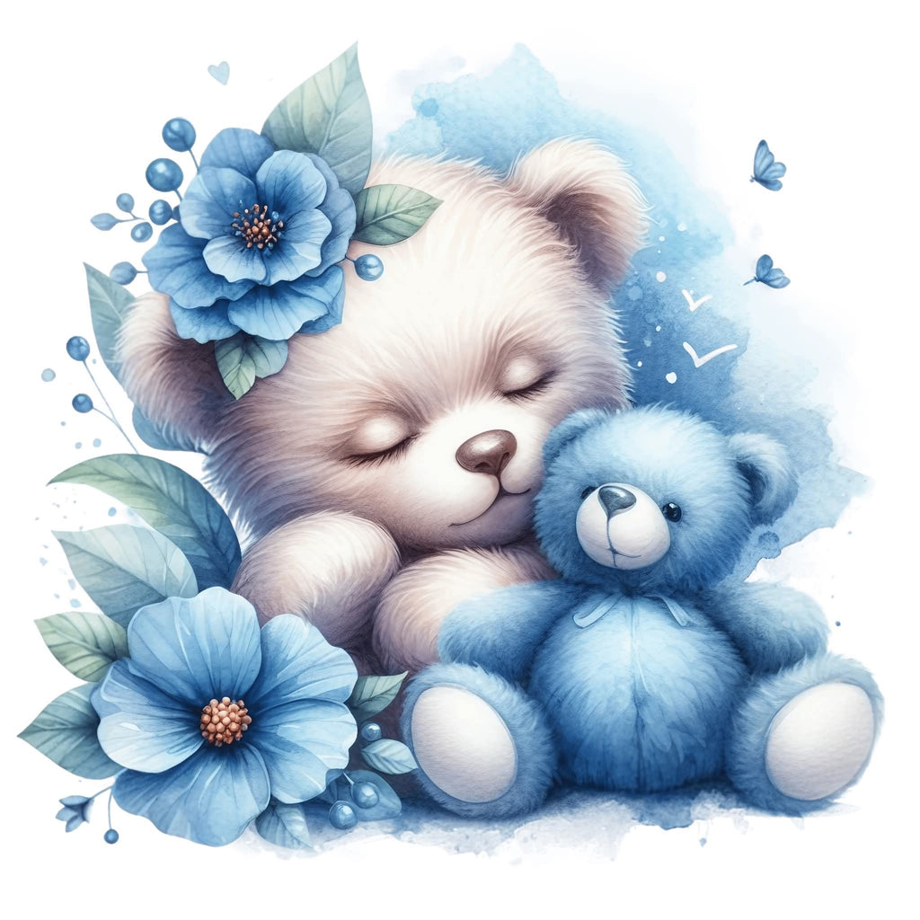 A soft watercolor-style illustration of a cream-colored teddy bear sleeping peacefully while hugging a small blue teddy bear, surrounded by blue flowers and leaves on a white background.