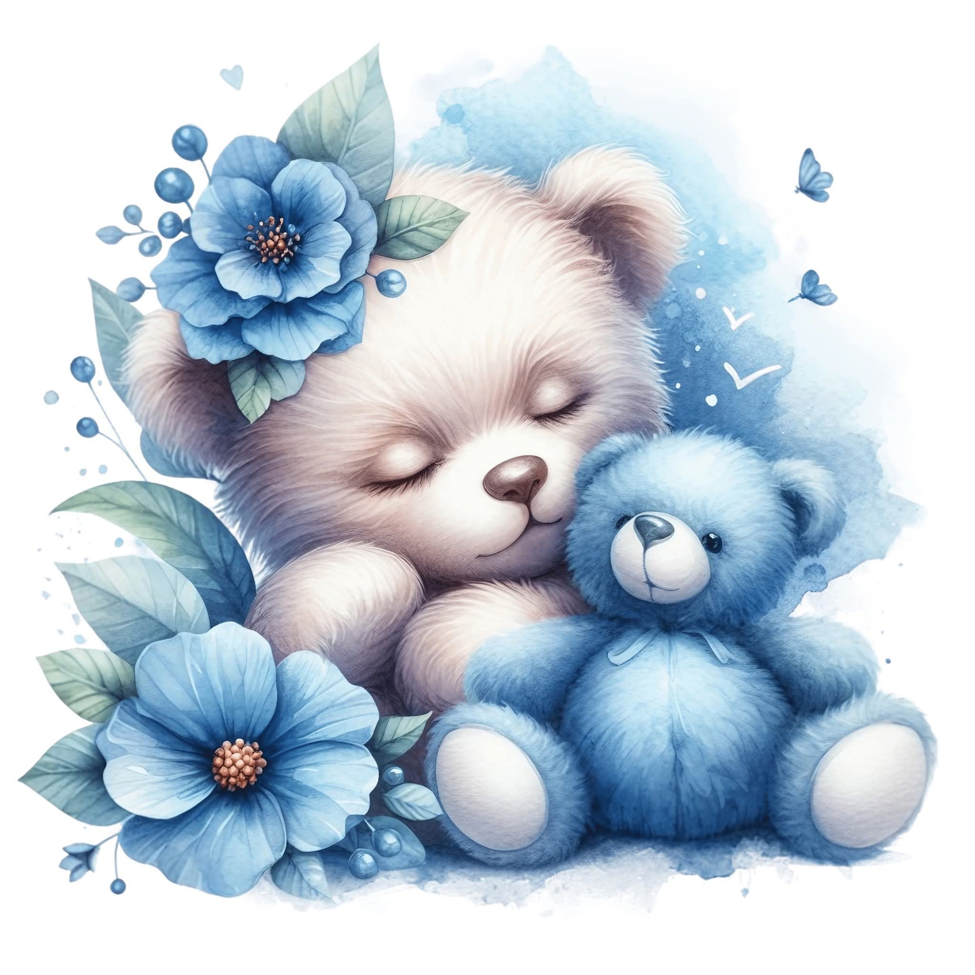 A soft watercolor-style illustration of a cream-colored teddy bear sleeping peacefully while hugging a small blue teddy bear, surrounded by blue flowers and leaves on a white background.