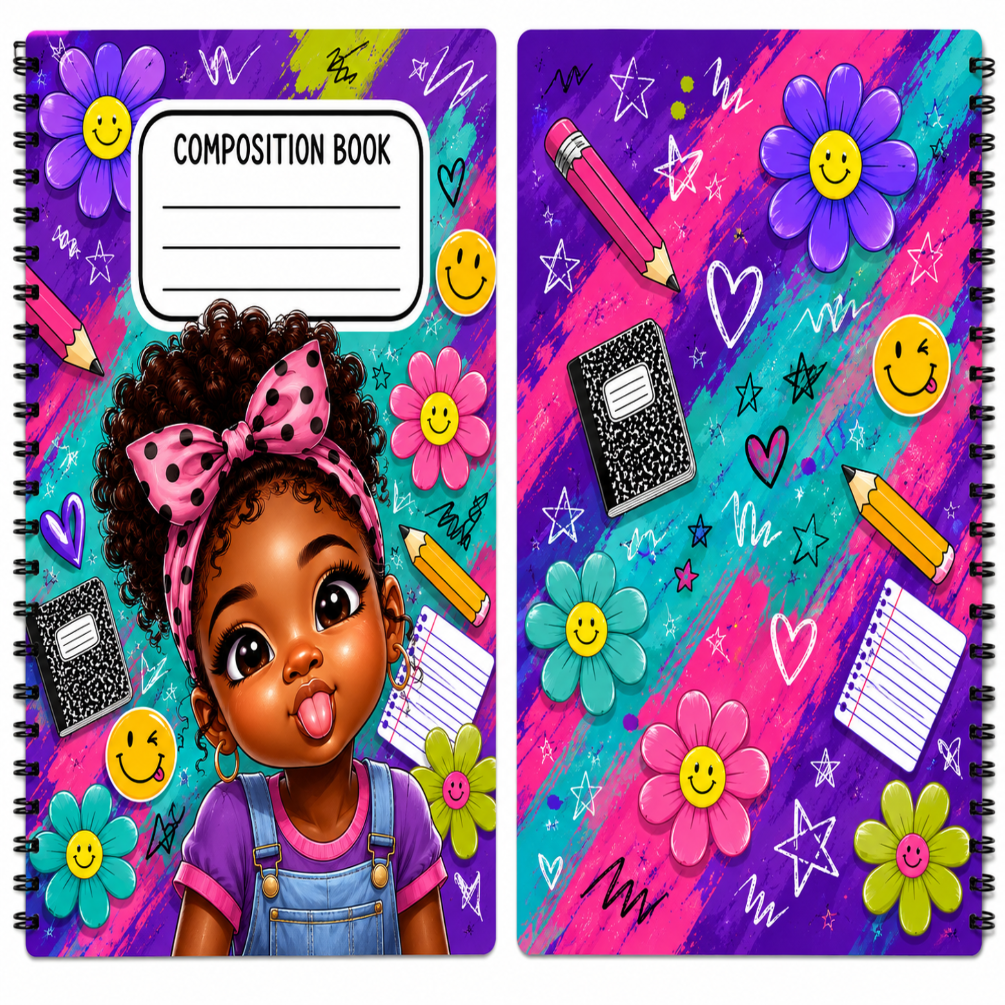 Two colorful spiral-bound composition books shown side by side, featuring a cartoon girl with curly hair and a pink polka-dot bow on the left cover, and a bright multicolor pattern with flowers, smiley faces, pencils, stars, hearts, and notebooks on the right cover.