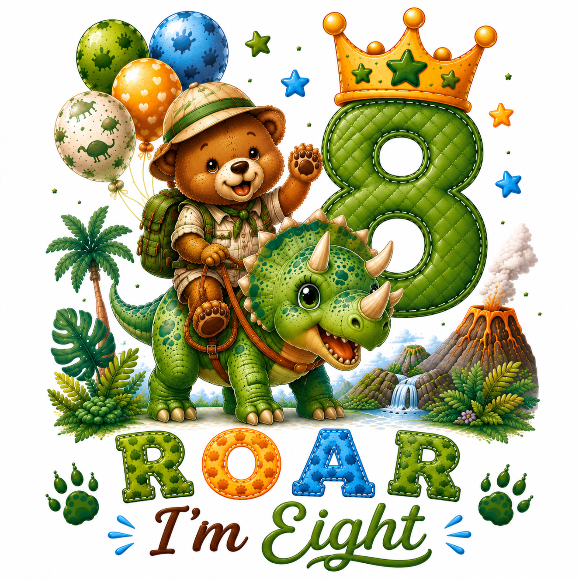 A colorful cartoon birthday graphic for a child turning eight, featuring a teddy bear dressed as a safari explorer riding a green triceratops dinosaur. Large quilted green number 8 lettering appears beside the bear, with balloons, stars, palm leaves, a volcano, and the text 'ROAR I'm Eight' on a white background.