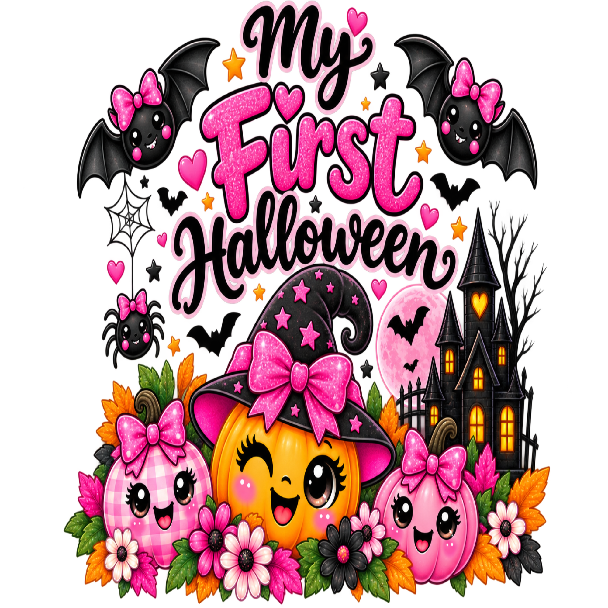 A colorful cartoon-style Halloween graphic reading “My First Halloween” with cute bats, a witch hat, pumpkins, flowers, a haunted house, and stars on a black background.