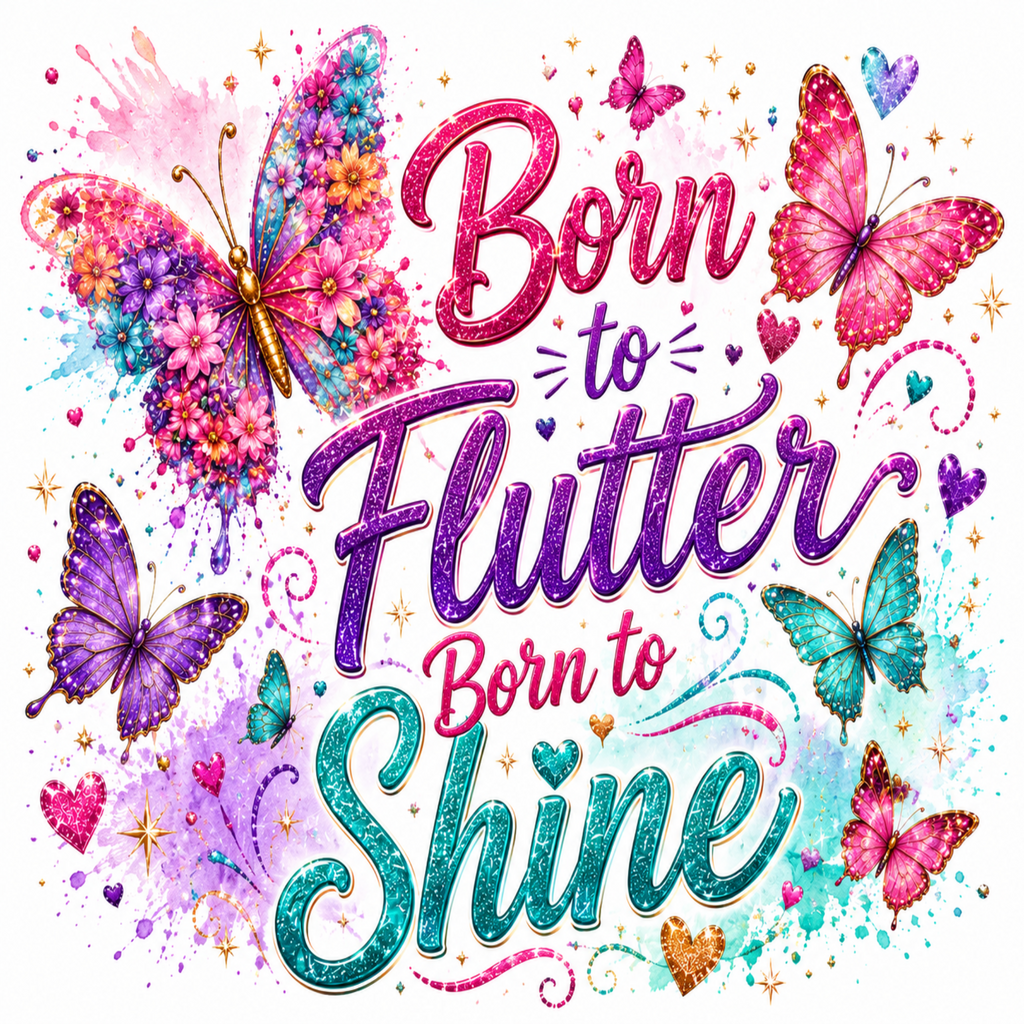 Vibrant graphic design featuring the inspirational quote 'Born to Flutter Born to Shine' in stylized pink, purple, and teal glitter lettering, surrounded by colorful watercolor butterflies and gold sparkles on a white background.