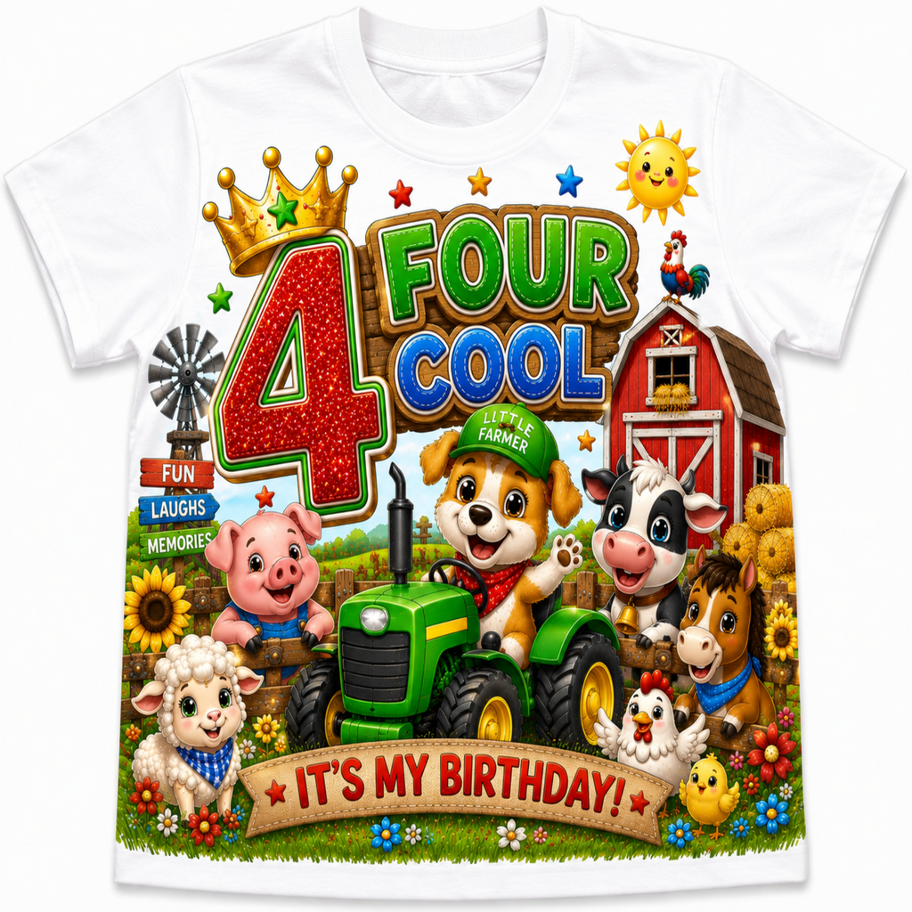 A white short-sleeve crewneck t-shirt featuring a colorful cartoon graphic on the front. The graphic reads '4 FOUR COOL' in large glittery letters, surrounded by farm animals including a green tractor, a pig, a cow, a horse, a sheep, a chicken, a sun, a windmill, and a banner that says 'IT'S MY BIRTHDAY!'.