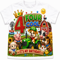 A white short-sleeve crewneck t-shirt featuring a colorful cartoon graphic on the front. The graphic reads '4 FOUR COOL' in large glittery letters, surrounded by farm animals including a green tractor, a pig, a cow, a horse, a sheep, a chicken, a sun, a windmill, and a banner that says 'IT'S MY BIRTHDAY!'.