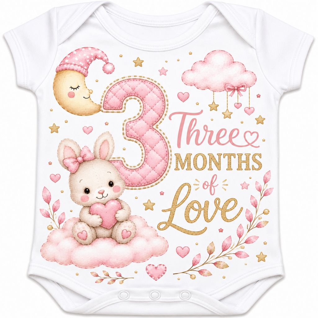 White short-sleeve baby bodysuit with a pink and gold 3-month birthday graphic featuring a bunny, moon, clouds, stars, and the text 'Three Months of Love'.