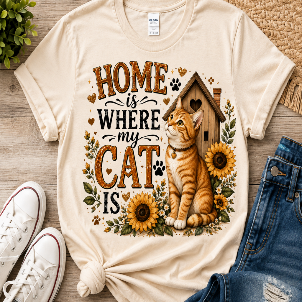 A cream-colored graphic t-shirt featuring an illustration of an orange tabby cat, sunflowers, a wooden house, and paw prints with the text 'HOME IS WHERE MY CAT IS'. The t-shirt is styled in a flat-lay arrangement on a wooden surface alongside white sneakers, blue jeans, and a small plant.