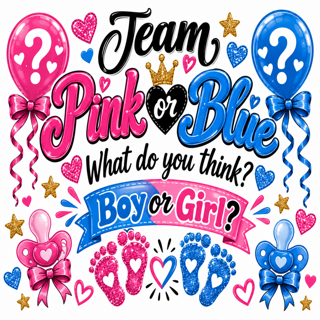 A colorful graphic design with the text 'Team Pink or Blue What do you think? Boy or Girl?' surrounded by balloons, bows, pacifiers, footprints, and stars in pink, blue, black, and gold on a white background.