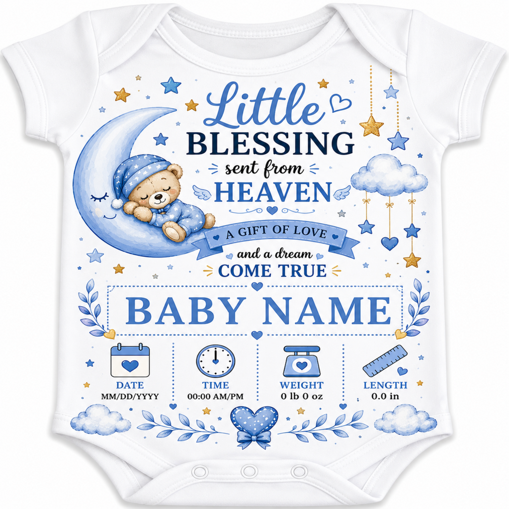 White baby bodysuit with a blue and navy graphic print featuring a teddy bear on a crescent moon, stars, clouds, and text that reads 'Little Blessing sent from Heaven' and 'Baby Name'.
