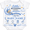 White baby bodysuit with a blue and navy graphic print featuring a teddy bear on a crescent moon, stars, clouds, and text that reads 'Little Blessing sent from Heaven' and 'Baby Name'.