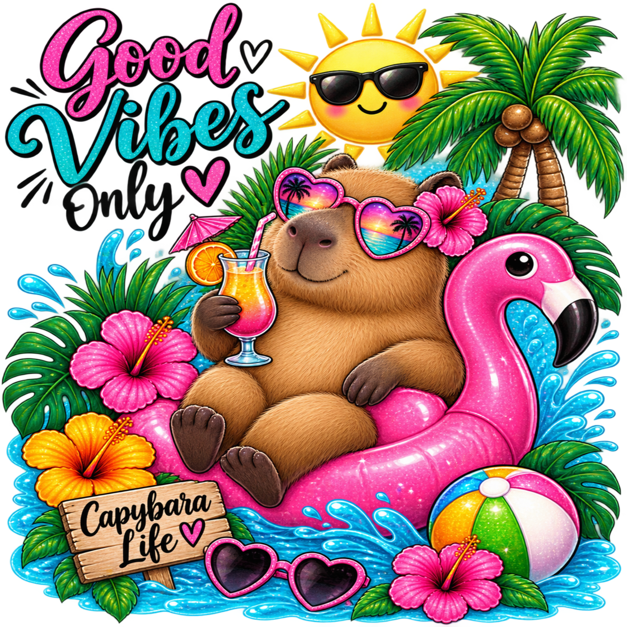 Vibrant cartoon-style tropical graphic with the text 'Good Vibes Only' above a capybara lounging in a pink flamingo float, surrounded by palm trees, hibiscus flowers, sunglasses, a beach ball, and a sign reading 'Capybara Life'.