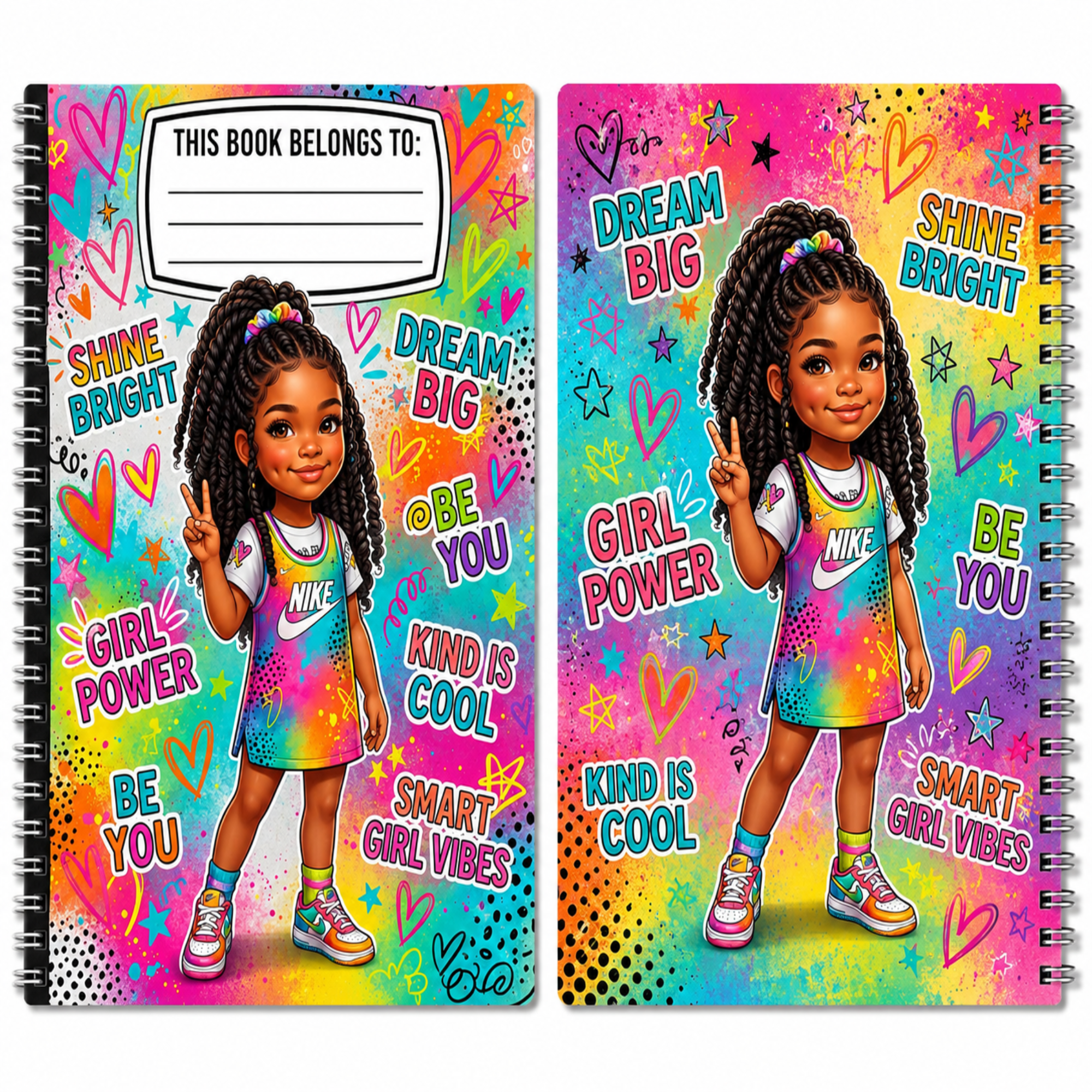 Two spiral-bound notebooks shown side by side, featuring a colorful cartoon girl illustration and bright motivational text such as 'Dream Big,' 'Girl Power,' 'Be You,' and 'Smart Girl Vibes.' The covers are multicolored with pink, blue, yellow, green, and rainbow tones, and no real person or environment is present.