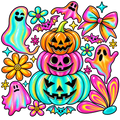 A vibrant, colorful Halloween-themed graphic design featuring a stack of three jack-o'-lantern pumpkins, playful ghosts, flowers, bats, stars, and bows in a bright neon rainbow gradient.
