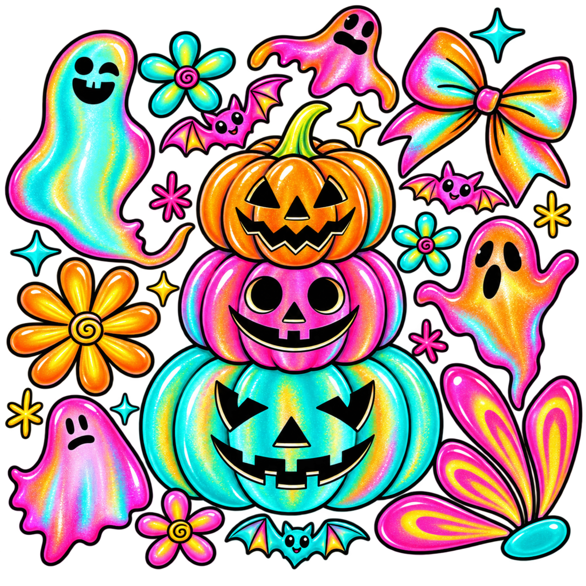 A vibrant, colorful Halloween-themed graphic design featuring a stack of three jack-o'-lantern pumpkins, playful ghosts, flowers, bats, stars, and bows in a bright neon rainbow gradient.