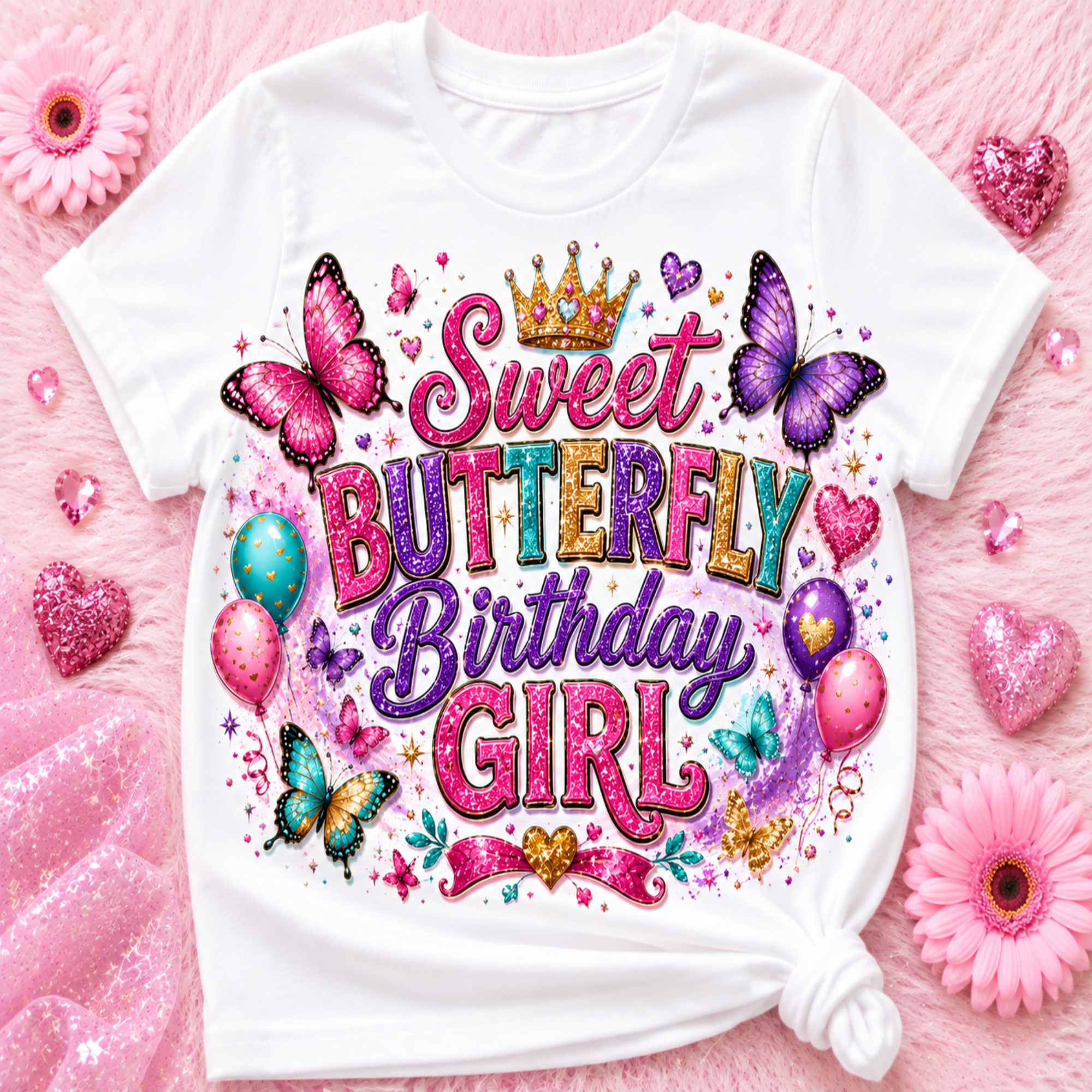 A white short-sleeve T-shirt laid flat on a pink textured background, styled with pink flowers and glittery heart props. The shirt features a large colorful graphic reading 'Sweet Butterfly Birthday Girl' with butterflies, balloons, hearts, and a crown.