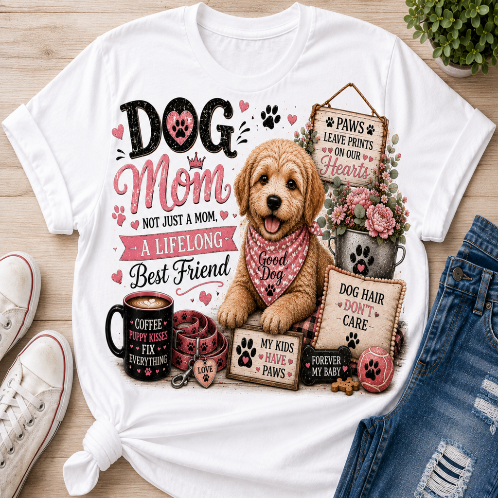 A white graphic t-shirt featuring a cute dog-themed design, styled in a flat-lay arrangement on a light wood background with jeans, sneakers, and a plant.