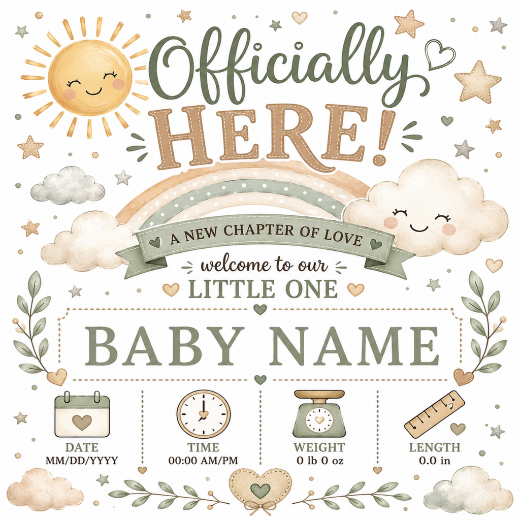 A baby shower 'Officially Here!' sign template featuring cute watercolor illustrations of a smiling sun, clouds, stars, a rainbow, and measurement icons for date, time, weight, and length.