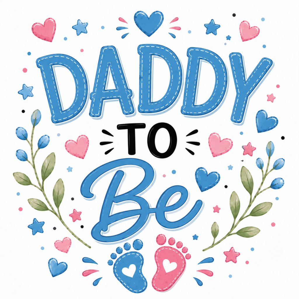 A decorative typographic design reading “DADDY TO Be” in blue and black lettering, surrounded by pink hearts, blue stars, blue and pink baby footprints, and green floral branches on a white background.