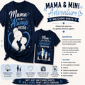A promotional graphic for matching adult and child t-shirts. It shows two navy blue shirts on a light beige background: a larger shirt with the text 'Mama is my Always Hero' and a cartoon horse, and a smaller shirt with the text 'Mom You are my Greatest Adventure' and a cartoon girl.