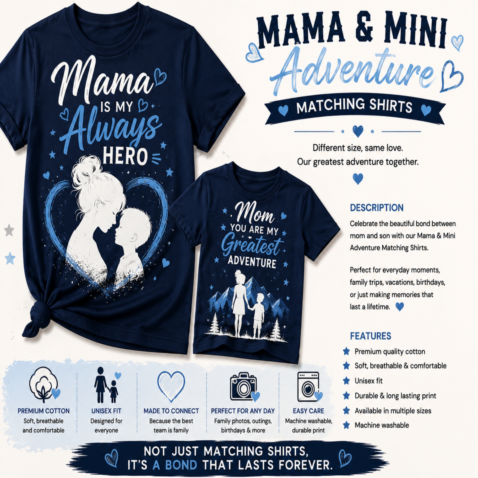 A promotional graphic for matching adult and child t-shirts. It shows two navy blue shirts on a light beige background: a larger shirt with the text 'Mama is my Always Hero' and a cartoon horse, and a smaller shirt with the text 'Mom You are my Greatest Adventure' and a cartoon girl.