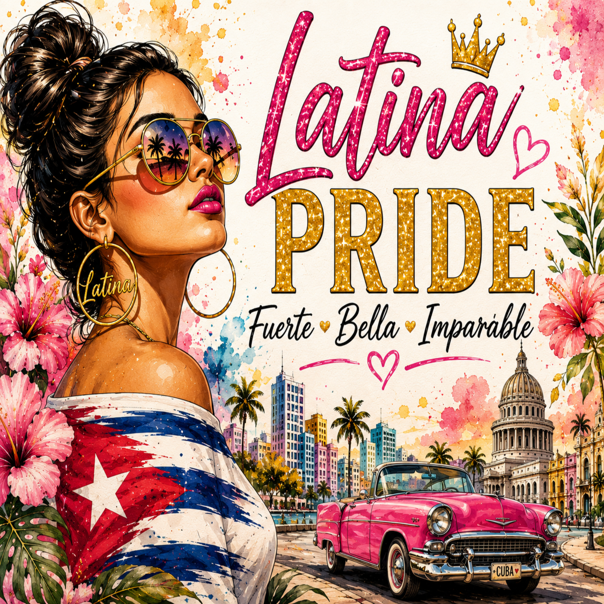 Vibrant watercolor-style graphic with the words 'Latina PRIDE' and smaller text 'Fuerte Bella Imparable,' surrounded by flowers, sunglasses, a woman in profile, a pink convertible, and a cityscape with a domed capitol building.
