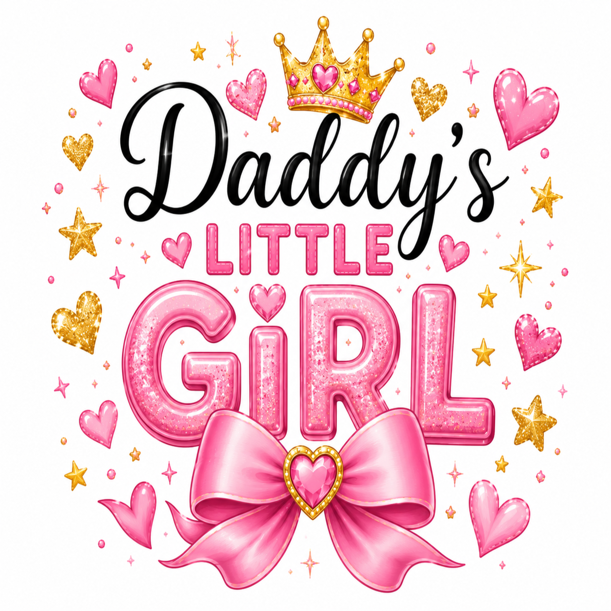 A decorative graphic reading 'Daddy's Little Girl' with a pink bow, pink hearts, gold stars, and a gold crown on a white background.