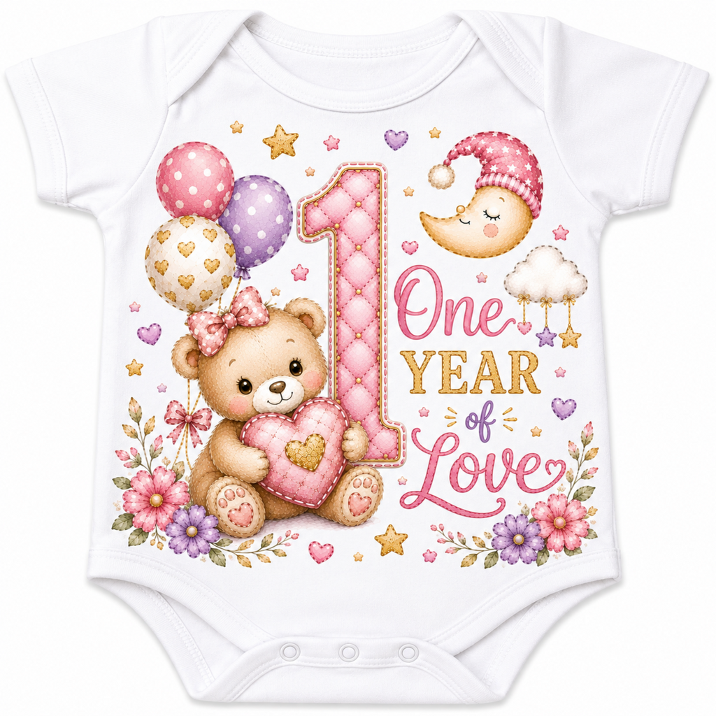 White baby bodysuit with a colorful '1st One Year of Love' graphic featuring a teddy bear, balloons, flowers, and a crescent moon.