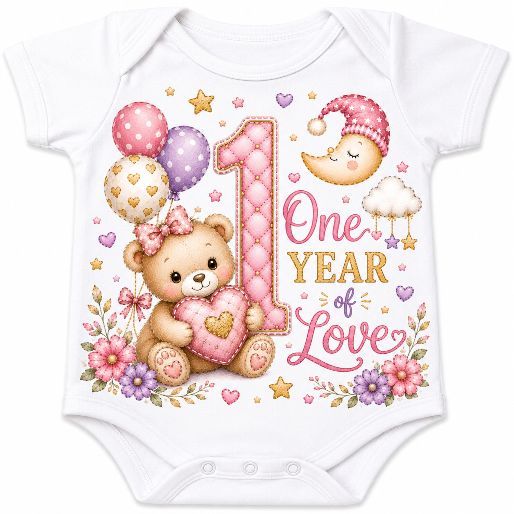 White baby bodysuit with a colorful '1st One Year of Love' graphic featuring a teddy bear, balloons, flowers, and a crescent moon.