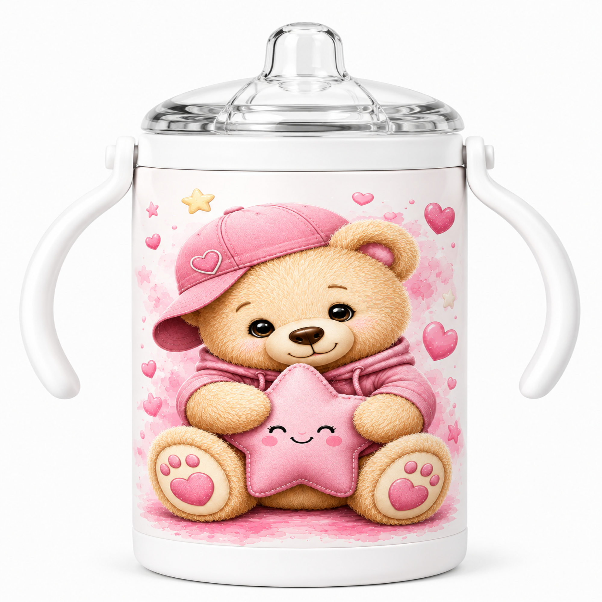 A white baby tumbler with integrated side handles, a clear lid, and a printed illustration of a teddy bear wearing a pink cap and holding a pink star, set against a light gray background.