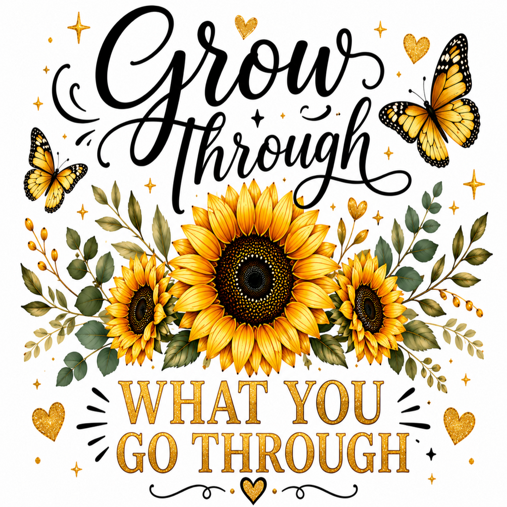 Sunflower and butterfly quote wall art featuring the phrase 'Grow through WHAT YOU GO THROUGH' in black and gold lettering, surrounded by yellow sunflowers, green leaves, and orange-yellow butterflies on a white background.
