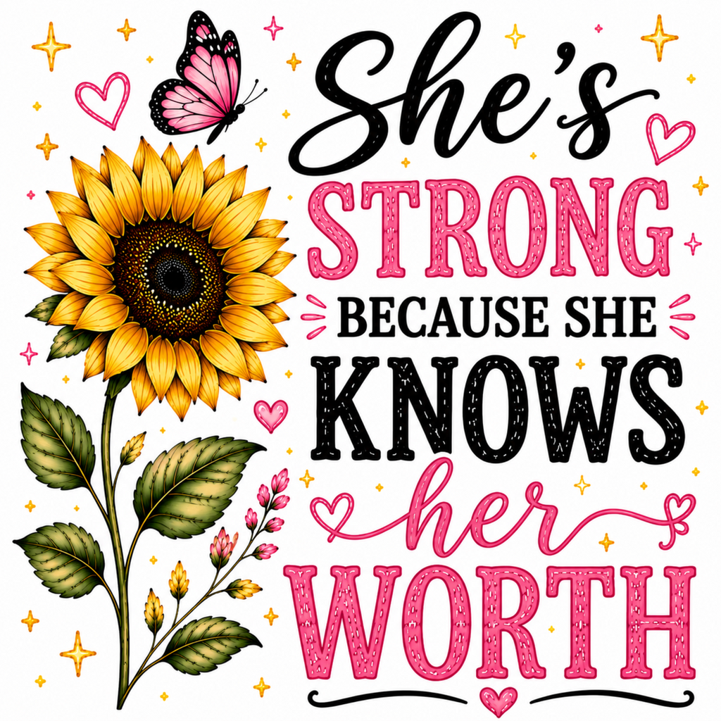 A decorative typographic design with a large yellow sunflower, pink butterfly, small hearts, stars, and the quote 'She's STRONG because she KNOWS her WORTH' on a white background.