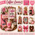 A collage-style promotional graphic for a 10-piece coffee-themed DTF decal set, featuring illustrated pink coffee machines, mugs, cups, flowers, hearts, a coffee bean bag, a donut, chocolate-covered nuts, and decorative text such as 'Coffee Lovers,' 'Coffee Before Everything,' and 'Coffee Love.'.