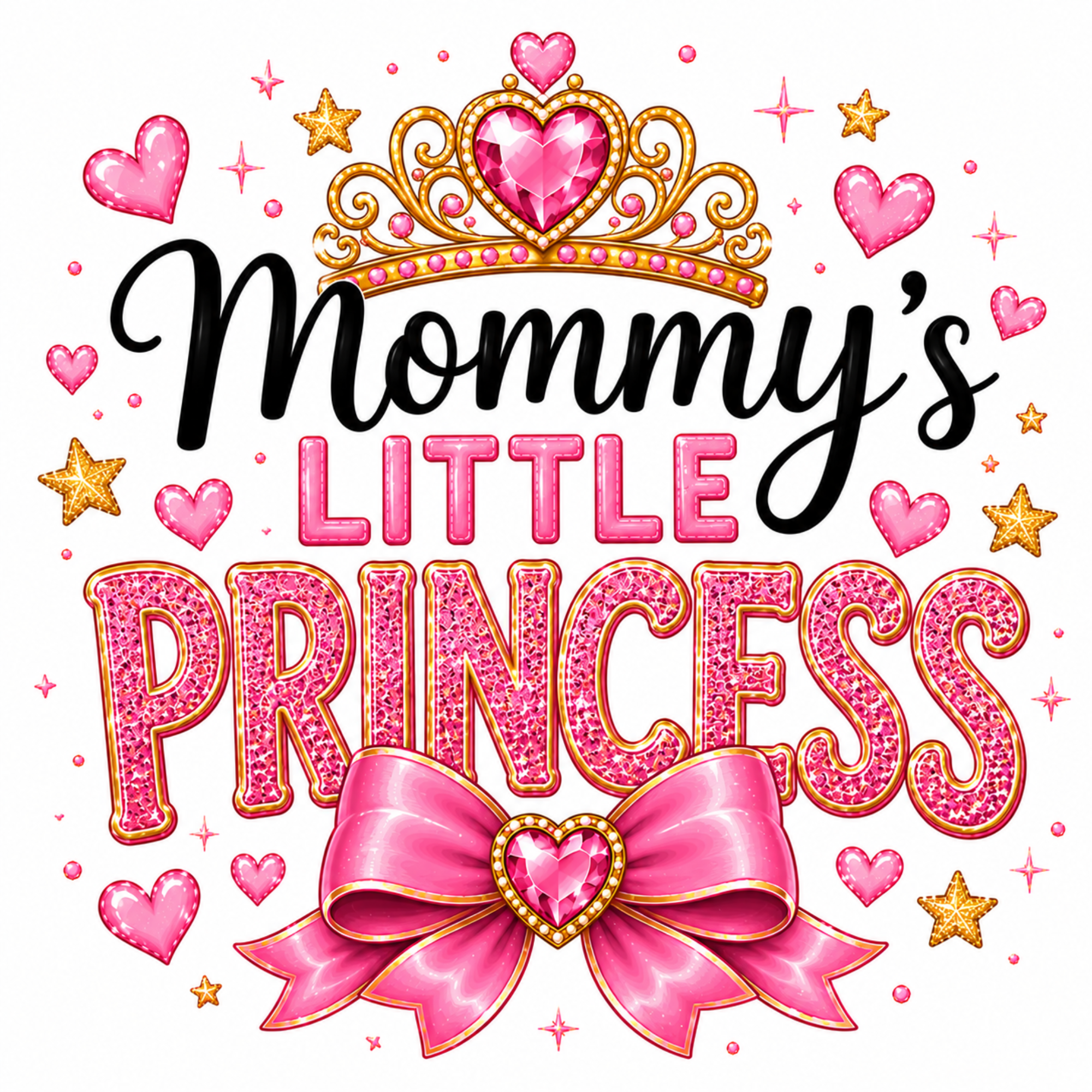 A decorative typographic design reading 'Mommy's Little Princess' with a pink glitter-textured crown, pink hearts, gold stars, and a pink bow on a white background.