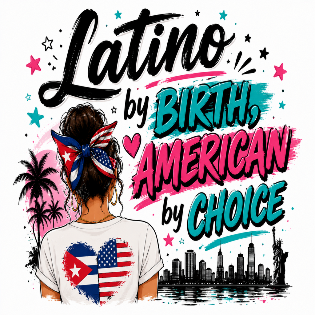 A graphic design featuring a woman from behind wearing a white t-shirt with a heart-shaped Cuban and American flag print on the back. The design includes the text 'Latino by BIRTH, AMERICAN by CHOICE' in stylized black, pink, and teal lettering, along with stars, palm trees, a city skyline, and the Statue of Liberty on a white background.