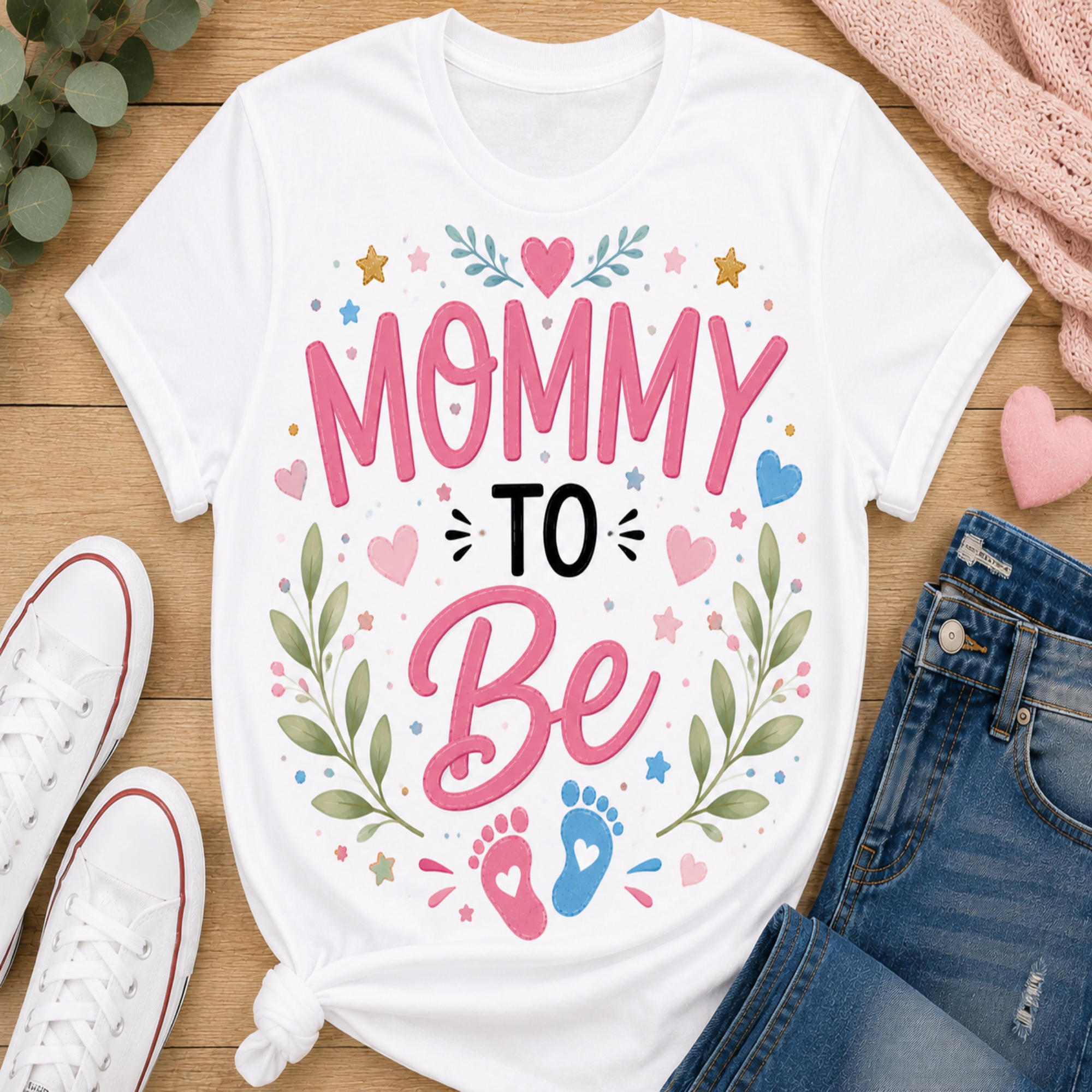 A white graphic t-shirt laid flat on a wooden surface, styled with white sneakers, blue jeans, a pink knit blanket, and greenery. The t-shirt features a colorful graphic that reads 'MOMMY TO Be' with pink and blue baby footprints and floral accents.