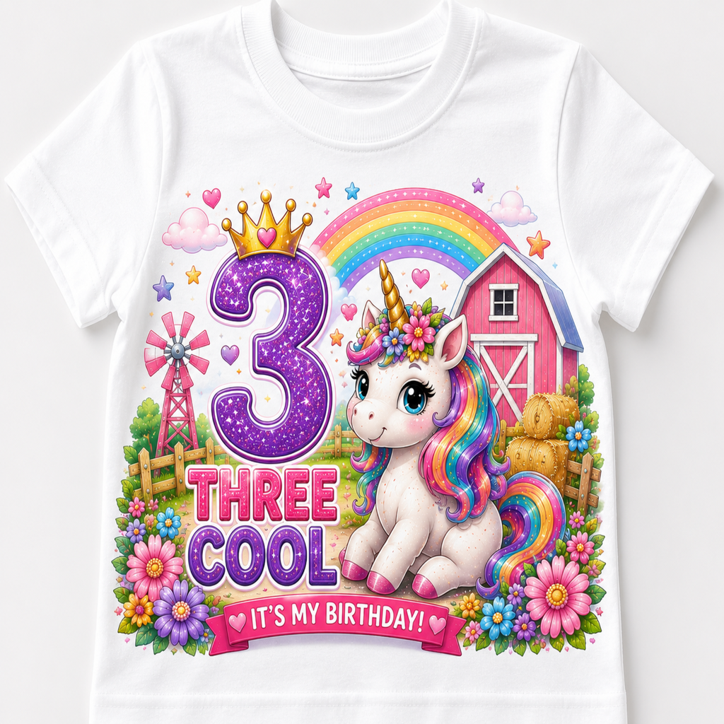 A white short-sleeve baby t-shirt featuring a colorful, cartoon-style graphic of a unicorn, a pink barn, a rainbow, flowers, and the text '3 THREE COOL IT'S MY BIRTHDAY!'.