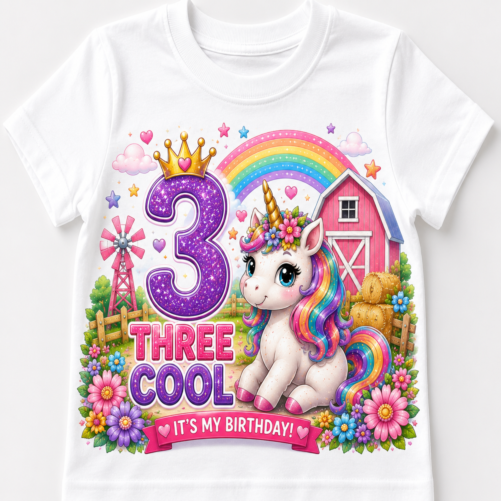 A white short-sleeve baby t-shirt featuring a colorful, cartoon-style graphic of a unicorn, a pink barn, a rainbow, flowers, and the text '3 THREE COOL IT'S MY BIRTHDAY!'.