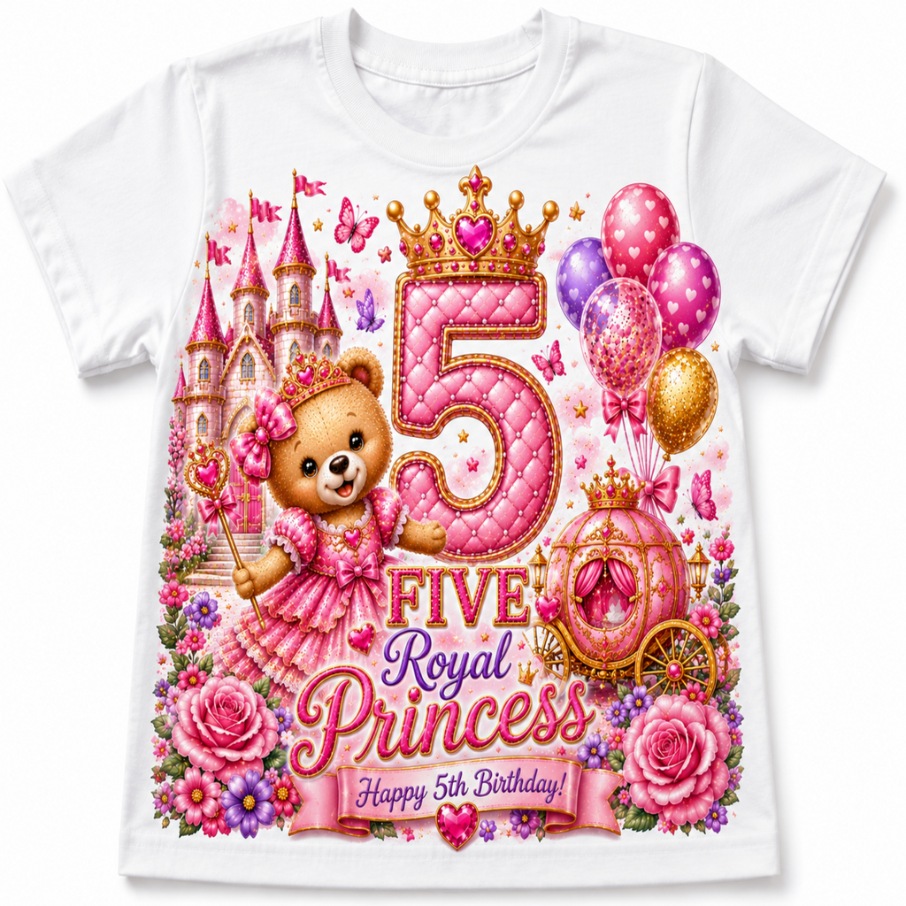 A white short-sleeve kids' t-shirt featuring a colorful '5th Royal Princess' birthday graphic with a pink teddy bear, castle, balloons, and a carriage.