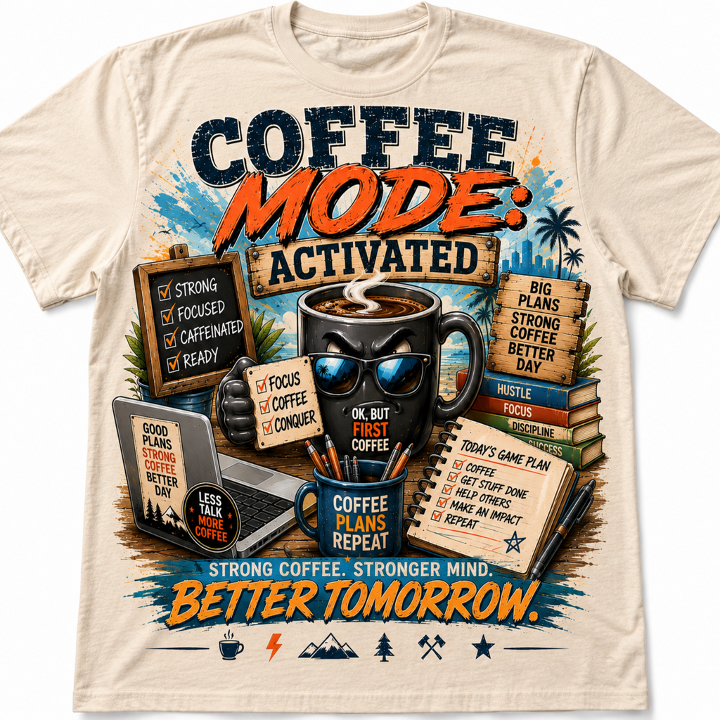 A beige crewneck t-shirt featuring a colorful graphic print with coffee-themed illustrations and motivational text reading 'COFFEE MODE: ACTIVATED' and 'STRONG COFFEE. STRONGER MIND.