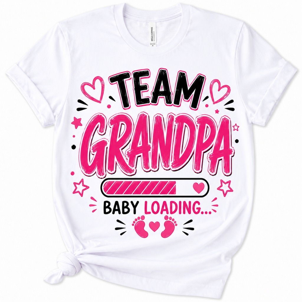 A white short-sleeve crewneck t-shirt with a graphic print that reads 'TEAM GRANDPA BABY LOADING.