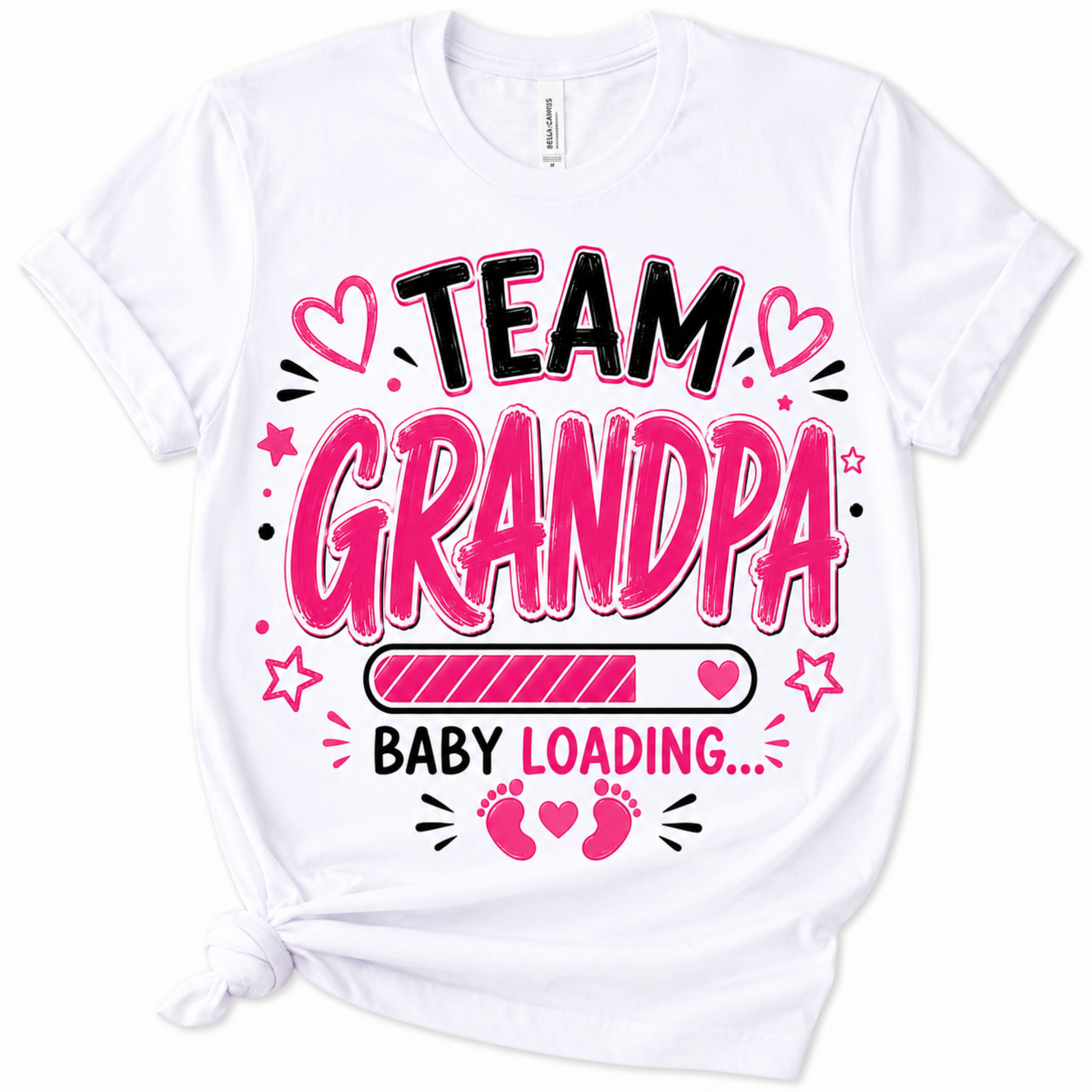 A white short-sleeve crewneck t-shirt with a graphic print that reads 'TEAM GRANDPA BABY LOADING.