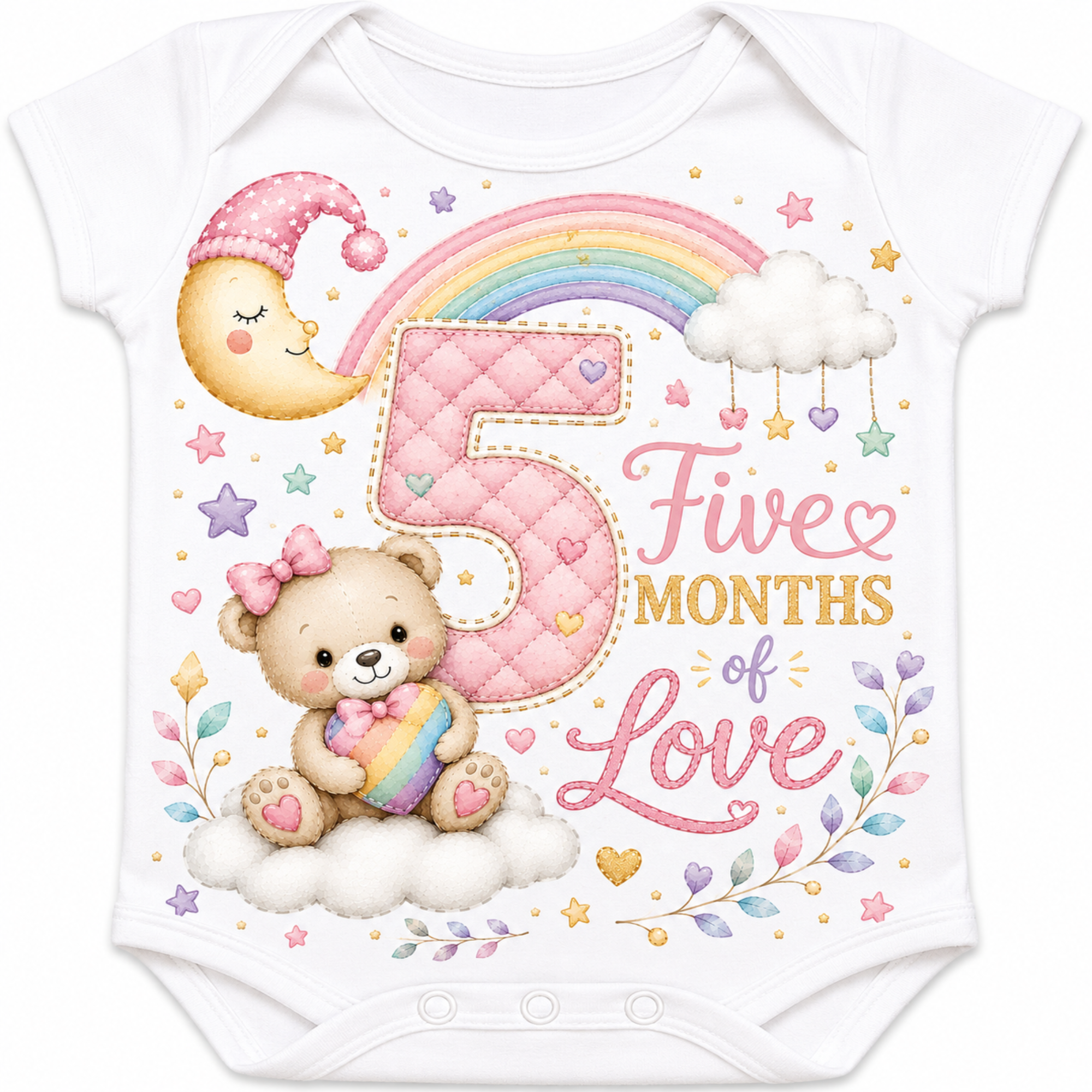 White short-sleeve baby bodysuit with a colorful 5-months birthday graphic featuring a large quilted pink number 5, a rainbow, a sleeping teddy bear on a cloud, stars, hearts, and the words 'Five Months of Love'.