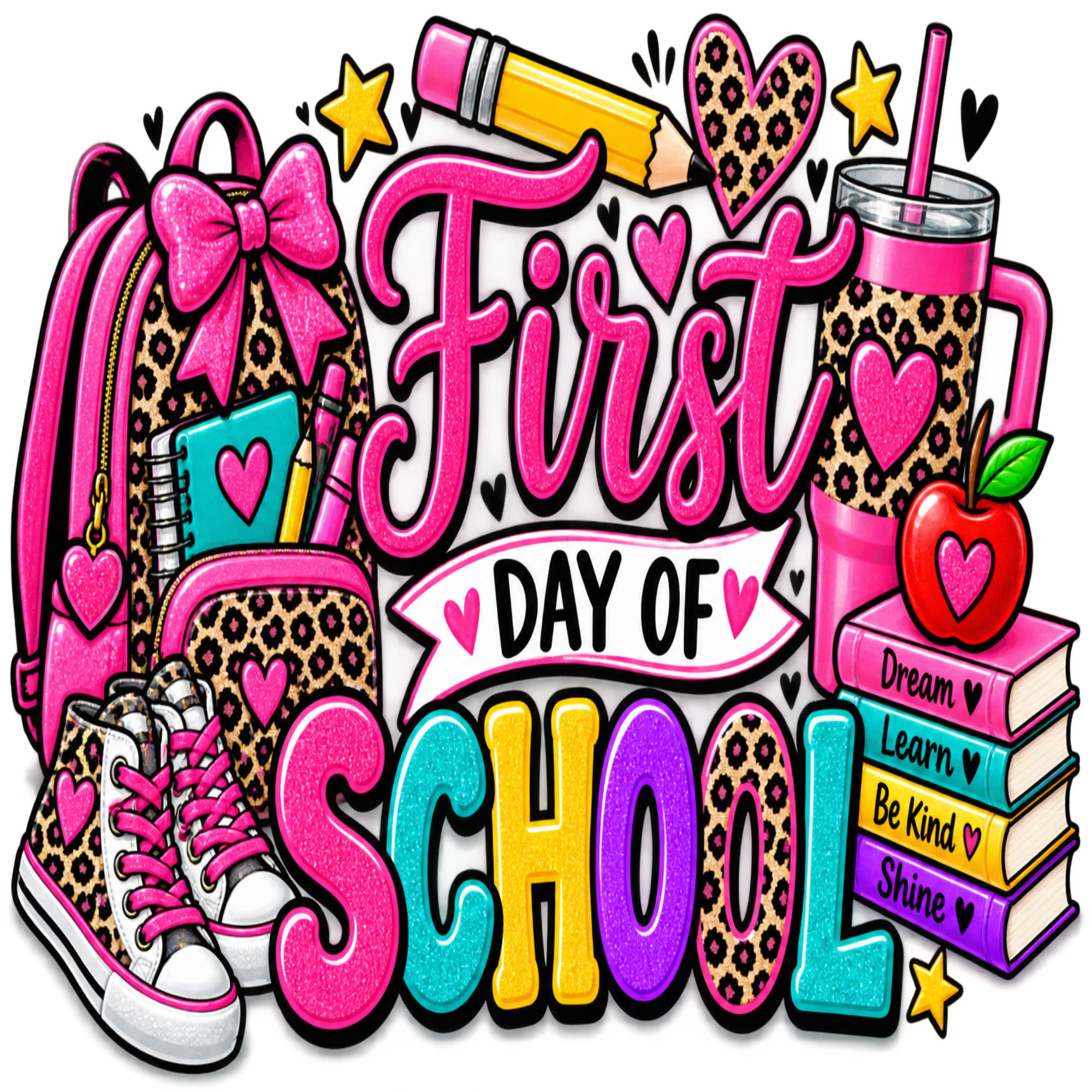 A colorful graphic illustration celebrating 'First Day of School' with school-themed items including a pink leopard-print backpack, sneakers, books, a pencil, and a drink, all arranged around stylized text on a black background.